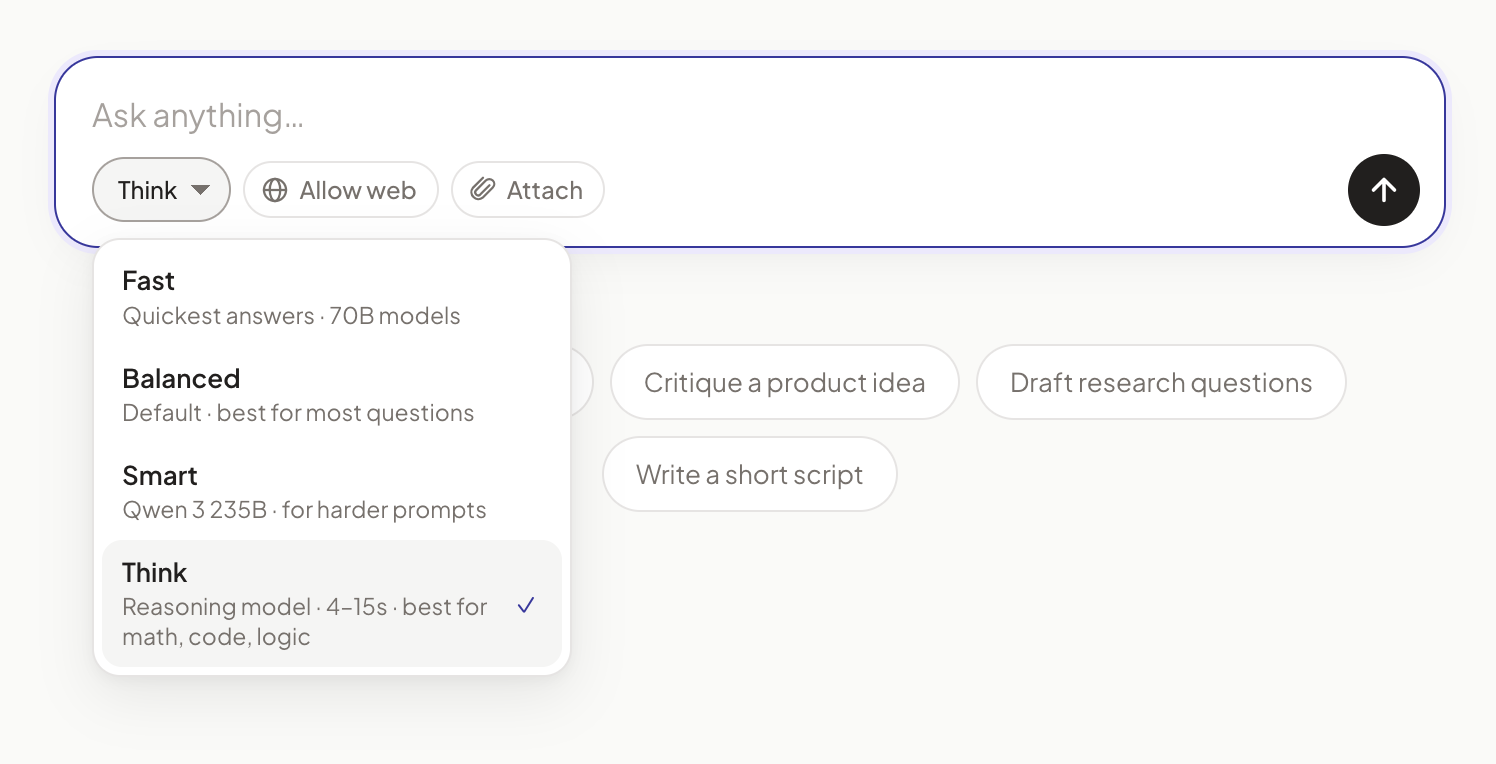 RippleAI composer with the mode selector and the Allow web and Attach toggles