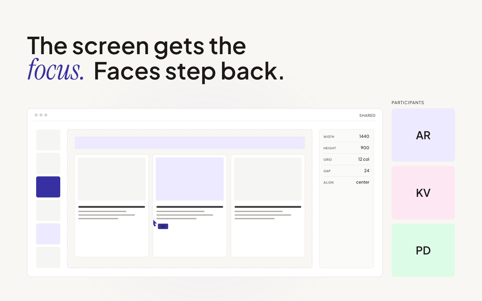 Headline 'The screen gets the focus. Faces step back.' A shared design canvas dominates the frame with a properties panel on the right. Participants are collapsed into a small column of thumbnails on the side.